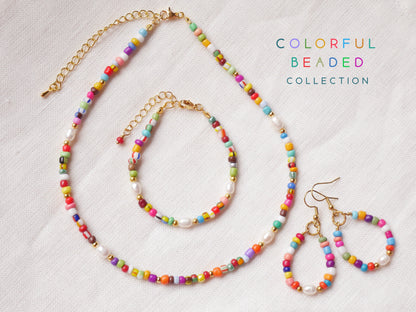 Colorful beads hoop earrings | Beaded boho earrings | Mixed color holiday bead earrings for her | Seed bead earrings with a freshwater pearl