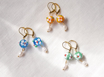 Flower pearl earrings | Green flower drop earrings| Glass earrings with real pearls | Colorful earrings | Dainty floral jewelry for her