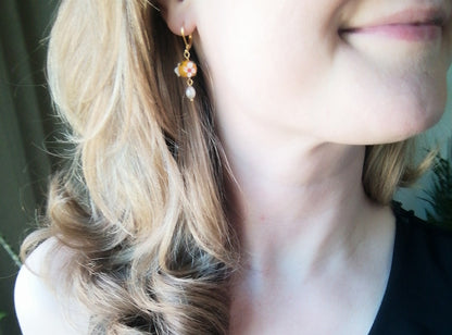 Flower pearl earrings | Green flower drop earrings| Glass earrings with real pearls | Colorful earrings | Dainty floral jewelry for her