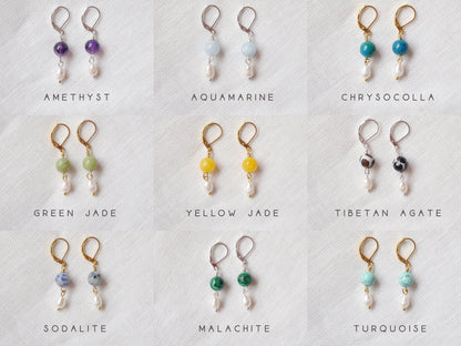 Gemstone pearl earrings | One natural stone drop earrings | Jade dangle earrings with genuine freshwater pearls  | Custom handmade gift