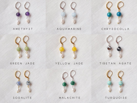 Gemstone pearl earrings | One natural stone drop earrings | Jade dangle earrings with genuine freshwater pearls  | Custom handmade gift