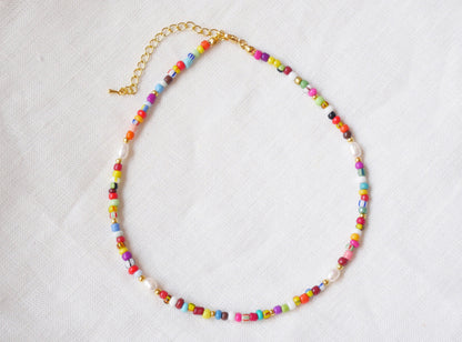 Colorful beaded necklace | Multicolor seed bead choker | Cute mixed glass beads and freshwater pearls jewelry | Handmade boho gift for her