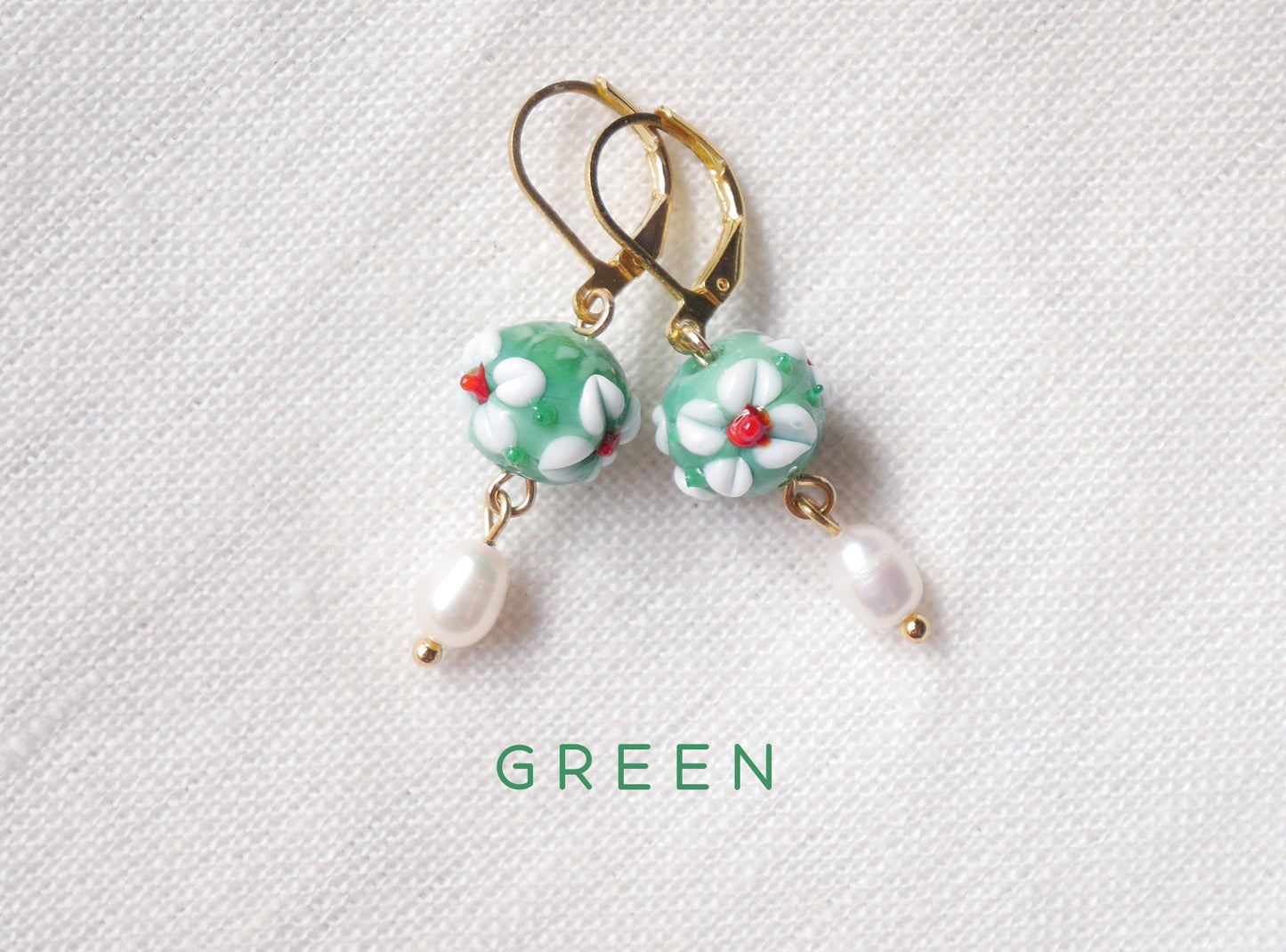 Flower pearl earrings | Green flower drop earrings| Glass earrings with real pearls | Colorful earrings | Dainty floral jewelry for her
