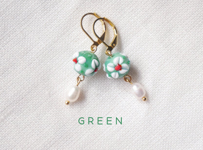 Flower pearl earrings | Green flower drop earrings| Glass earrings with real pearls | Colorful earrings | Dainty floral jewelry for her
