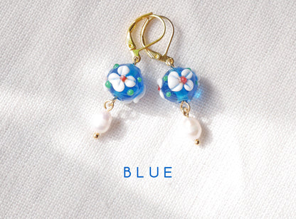 Flower pearl earrings | Green flower drop earrings| Glass earrings with real pearls | Colorful earrings | Dainty floral jewelry for her