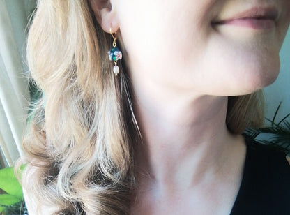 Flower pearl earrings | Green flower drop earrings| Glass earrings with real pearls | Colorful earrings | Dainty floral jewelry for her