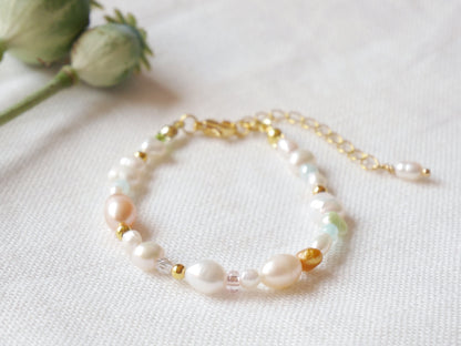 Pearl beaded bracelet | Soft colors pearl bracelet with mixed real pearls | Romantic gift for her | Pink and white freshwater pearl bracelet