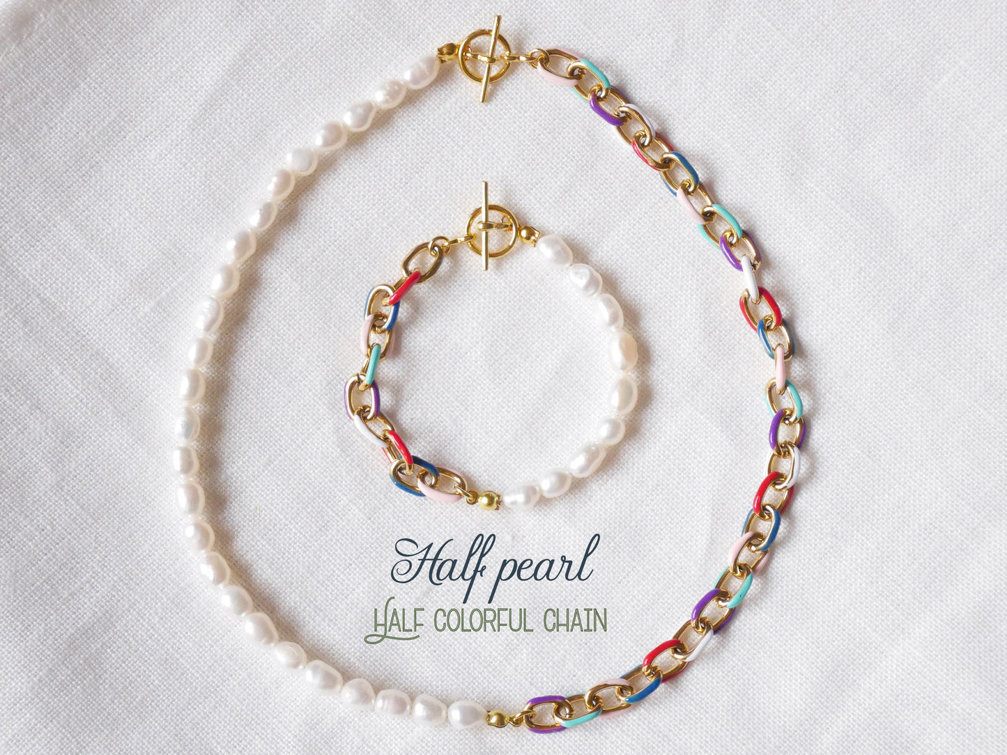 Half pearl half colorful chain bracelet | Real pearls bracelet with chunky chain | Half pearls bracelet | Cute luxurious bracelet for her