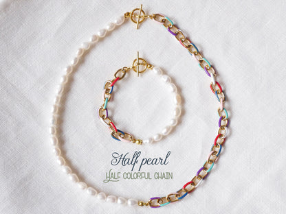 Half pearl half colorful chain bracelet | Real pearls bracelet with chunky chain | Half pearls bracelet | Cute luxurious bracelet for her