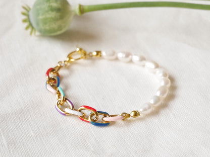 Half pearl half colorful chain bracelet | Real pearls bracelet with chunky chain | Half pearls bracelet | Cute luxurious bracelet for her