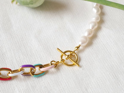 Half pearl half colorful chain bracelet | Real pearls bracelet with chunky chain | Half pearls bracelet | Cute luxurious bracelet for her