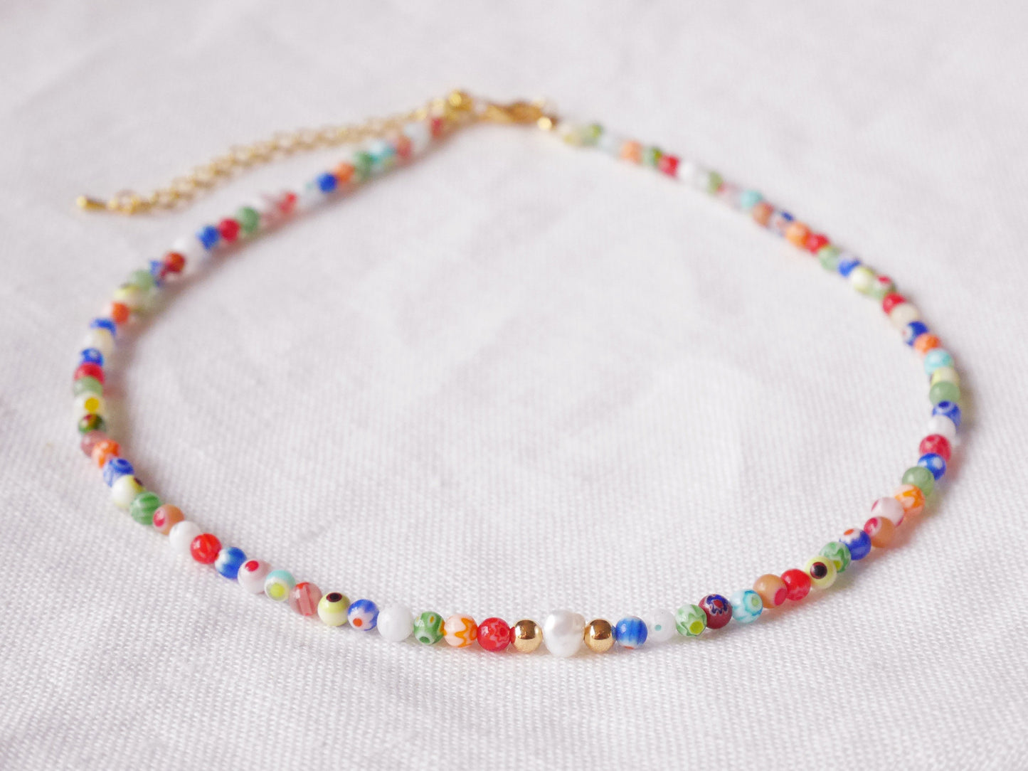 Millefiori pearl necklace – small glass bead strand with baroque freshwater pearl