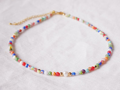 Millefiori pearl necklace – small glass bead strand with baroque freshwater pearl