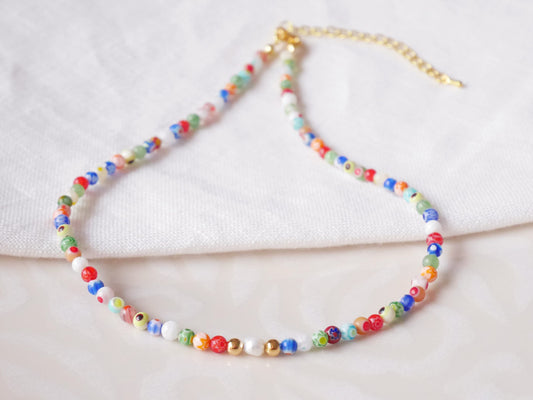 Millefiori pearl necklace – small glass bead strand with baroque freshwater pearl