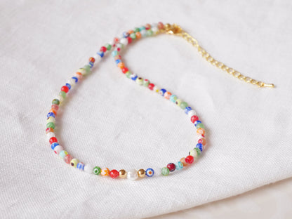 Millefiori pearl necklace – small glass bead strand with baroque freshwater pearl
