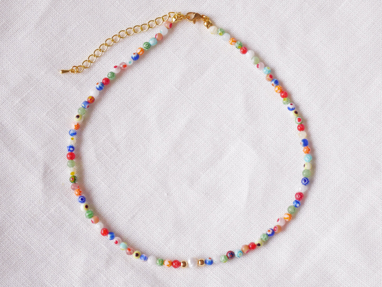 Millefiori pearl necklace – small glass bead strand with baroque freshwater pearl