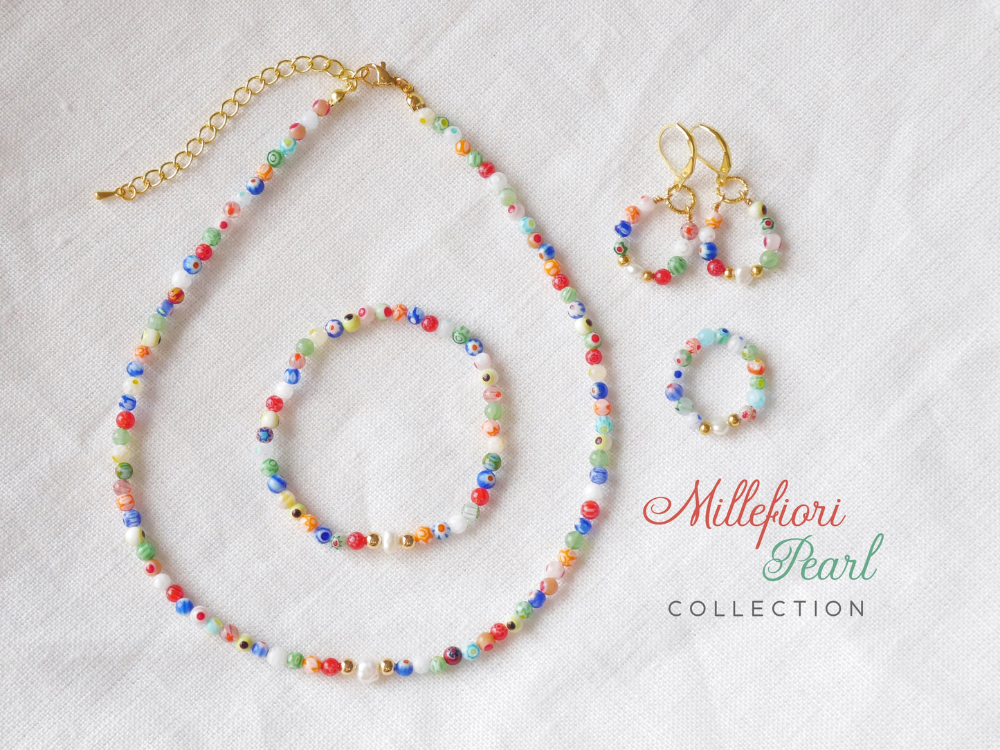 Millefiori pearl necklace – small glass bead strand with baroque freshwater pearl
