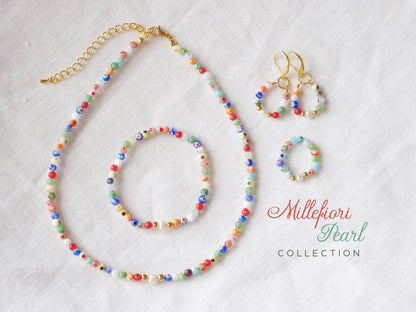 Millefiori pearl necklace – small glass bead strand with baroque freshwater pearl