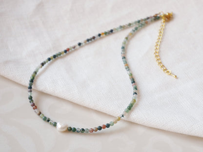 Agate stone beads necklace | Small bead pearl necklace | Minimalist dainty necklace with Indian agate stones | Natural neutral colors choker