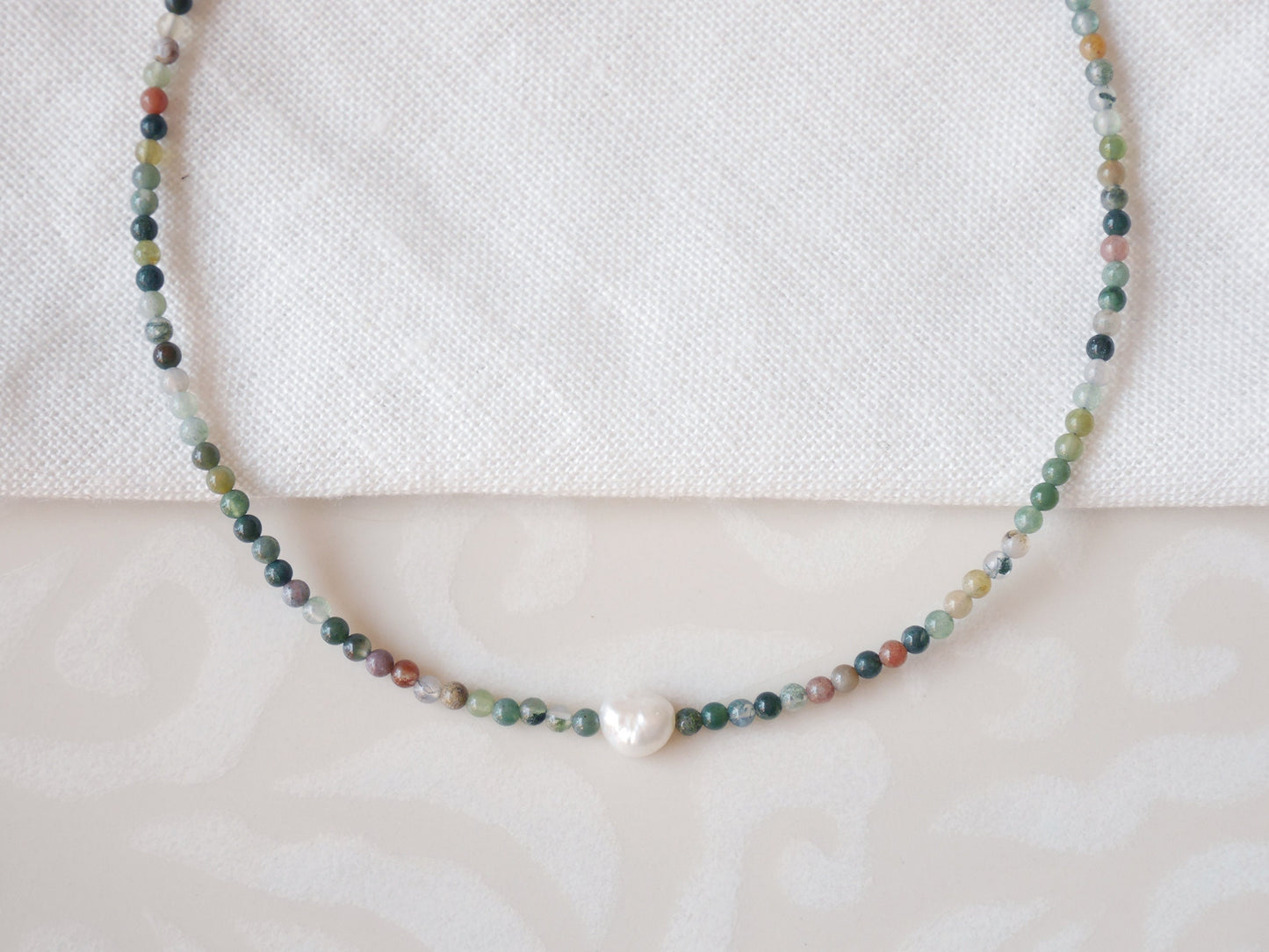 Agate stone beads necklace | Small bead pearl necklace | Minimalist dainty necklace with Indian agate stones | Natural neutral colors choker