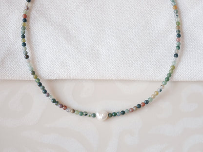 Agate stone beads necklace | Small bead pearl necklace | Minimalist dainty necklace with Indian agate stones | Natural neutral colors choker