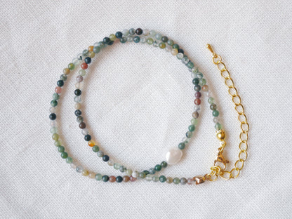 Agate stone beads necklace | Small bead pearl necklace | Minimalist dainty necklace with Indian agate stones | Natural neutral colors choker