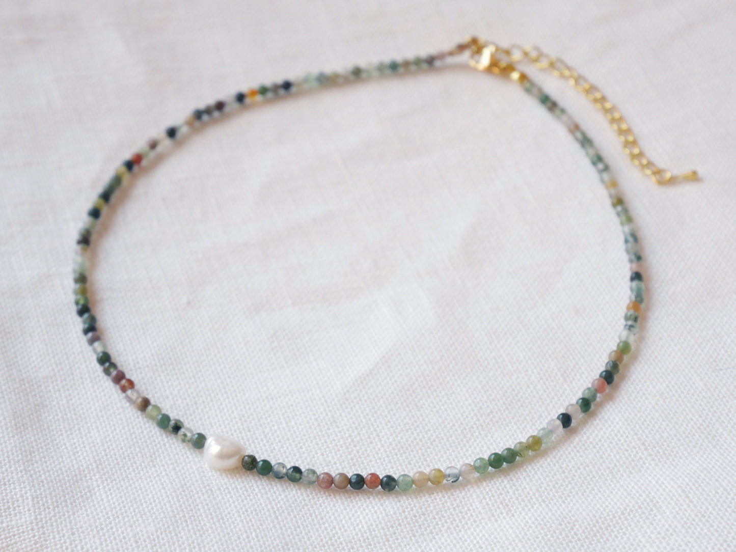 Agate stone beads necklace | Small bead pearl necklace | Minimalist dainty necklace with Indian agate stones | Natural neutral colors choker