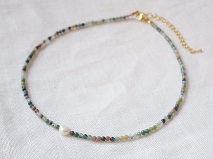 Agate stone beads necklace | Small bead pearl necklace | Minimalist dainty necklace with Indian agate stones | Natural neutral colors choker