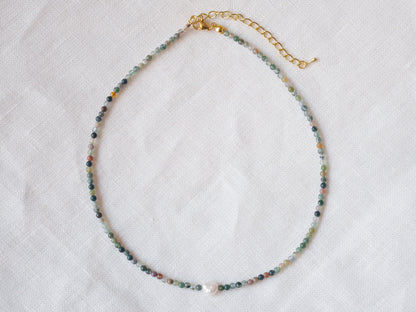 Agate stone beads necklace | Small bead pearl necklace | Minimalist dainty necklace with Indian agate stones | Natural neutral colors choker