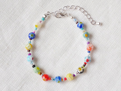 Millefiori glass bead bracelet | Colorful beaded bracelet with flower beads | Seed bead bracelet | Cute multicolor handmade jewelry for her