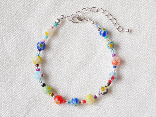 Millefiori glass bead bracelet | Colorful beaded bracelet with flower beads | Seed bead bracelet | Cute multicolor handmade jewelry for her