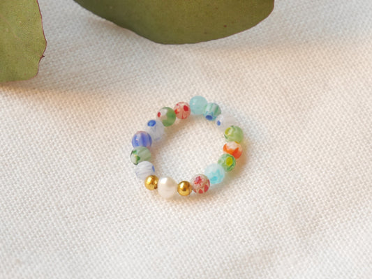 Millefiori pearl ring | Colorful stretch ring | Elastic beaded glass bead ring | Freshwater pearl and colorful beads with a stretch cord