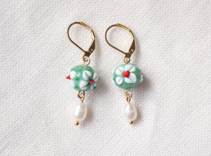 Flower pearl earrings | Green flower drop earrings| Glass earrings with real pearls | Colorful earrings | Dainty floral jewelry for her