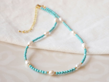 Turquoise pearl necklace | Turquoise stone bead necklace with freshwater pearls | Turquoise and white choker | Small stones necklace for her