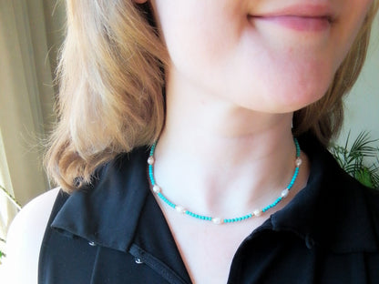 Turquoise pearl necklace | Turquoise stone bead necklace with freshwater pearls | Turquoise and white choker | Small stones necklace for her