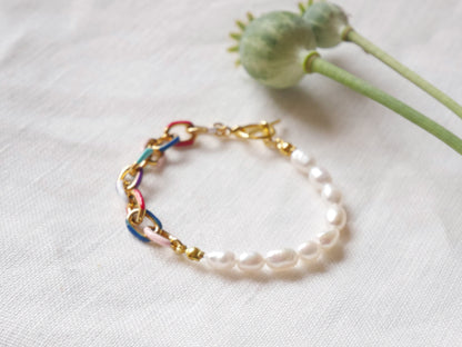 Half pearl half colorful chain bracelet | Real pearls bracelet with chunky chain | Half pearls bracelet | Cute luxurious bracelet for her