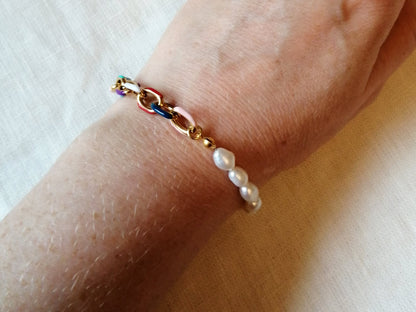 Half pearl half colorful chain bracelet | Real pearls bracelet with chunky chain | Half pearls bracelet | Cute luxurious bracelet for her