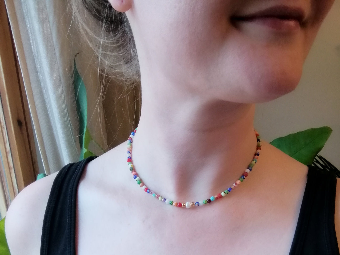 Millefiori pearl necklace – small glass bead strand with baroque freshwater pearl