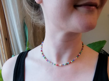 Millefiori pearl necklace – small glass bead strand with baroque freshwater pearl