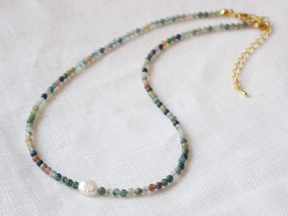 Agate stone beads necklace | Small bead pearl necklace | Minimalist dainty necklace with Indian agate stones | Natural neutral colors choker