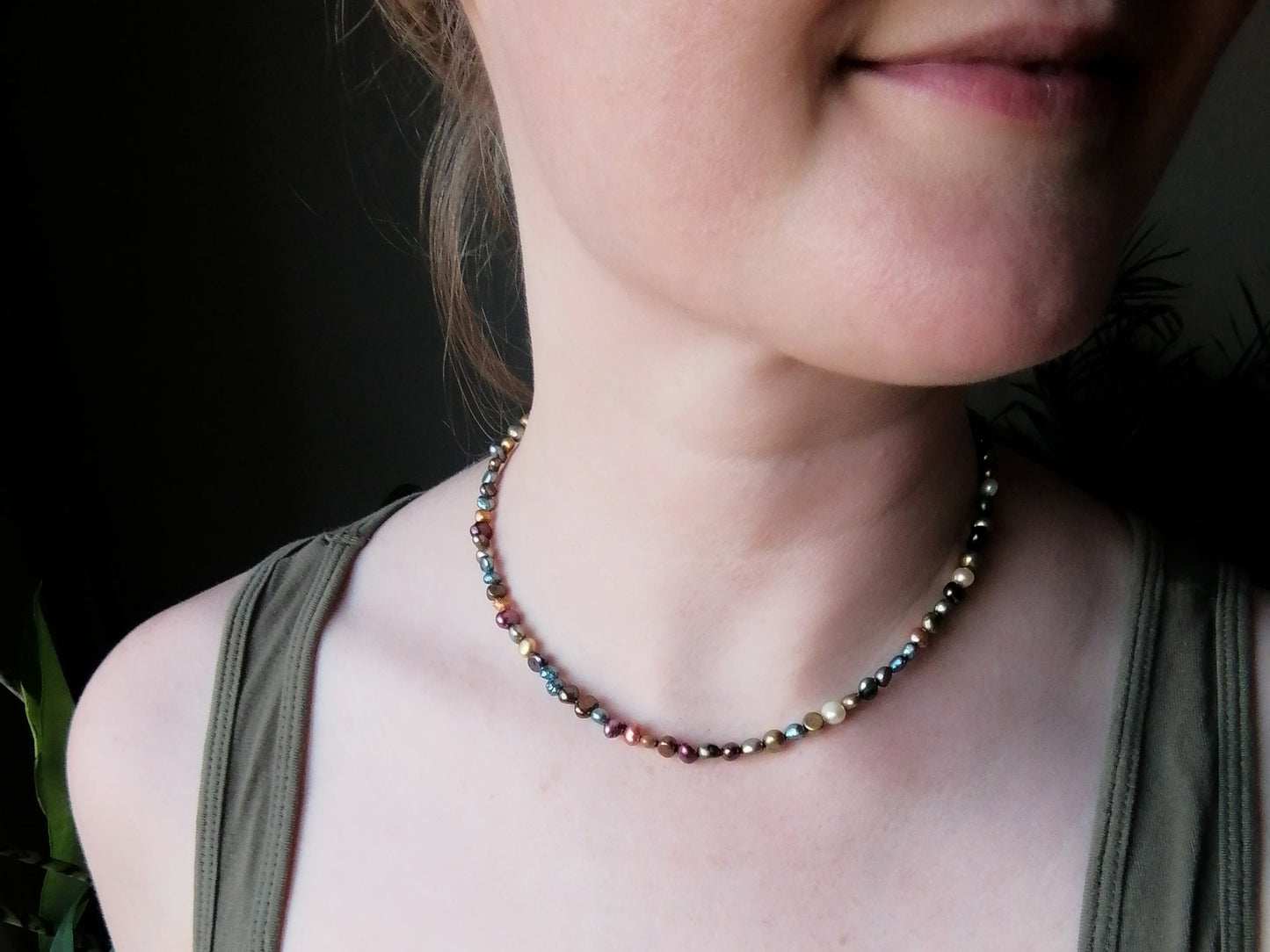 Dark pearls necklace | Dark colors real pearls choker | Beaded mixed metallic freshwater pearl jewelry | Unisex birthday gift for him or her