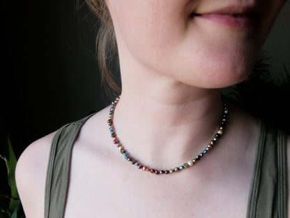 Dark pearls necklace | Dark colors real pearls choker | Beaded mixed metallic freshwater pearl jewelry | Unisex birthday gift for him or her