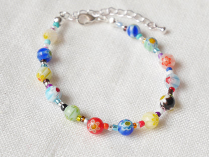Millefiori glass bead bracelet | Colorful beaded bracelet with flower beads | Seed bead bracelet | Cute multicolor handmade jewelry for her