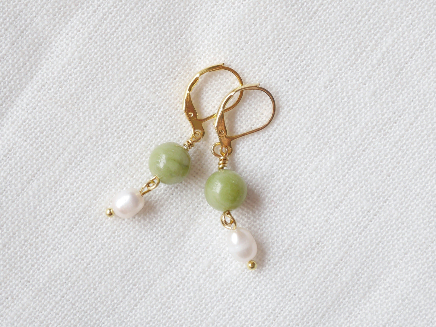 Gemstone pearl earrings | One natural stone drop earrings | Jade dangle earrings with genuine freshwater pearls  | Custom handmade gift