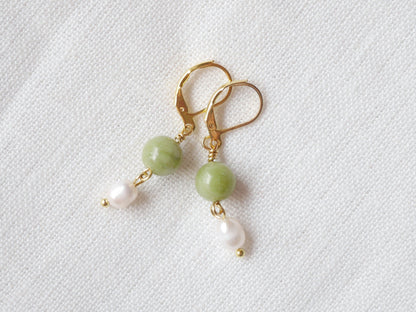 Gemstone pearl earrings | One natural stone drop earrings | Jade dangle earrings with genuine freshwater pearls  | Custom handmade gift