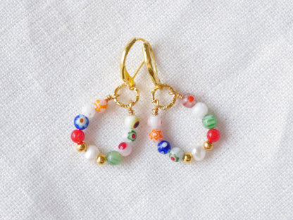 Millefiori pearl earrings | Colorful hoop drop earrings | Small glass bead earrings with multicolor beads | Colorful gold earrings leverback