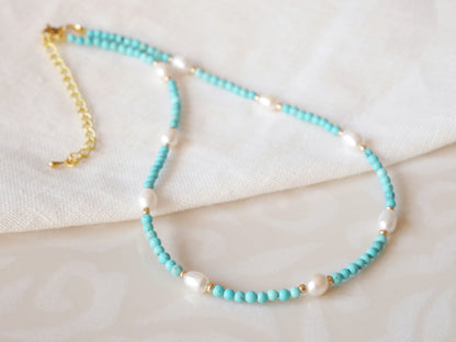 Turquoise pearl necklace | Turquoise stone bead necklace with freshwater pearls | Turquoise and white choker | Small stones necklace for her
