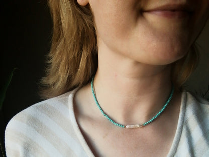 Turquoise long pearl necklace | Turquoise stone gold necklace | Small stone beads choker with freshwater pearl | Beaded turquoise jewelry