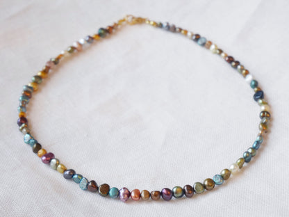 Dark pearls necklace | Dark colors real pearls choker | Beaded mixed metallic freshwater pearl jewelry | Unisex birthday gift for him or her