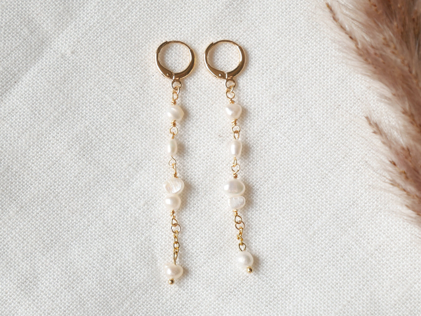 Long pearl drop earrings – dainty bridal freshwater pearl dangle in gold